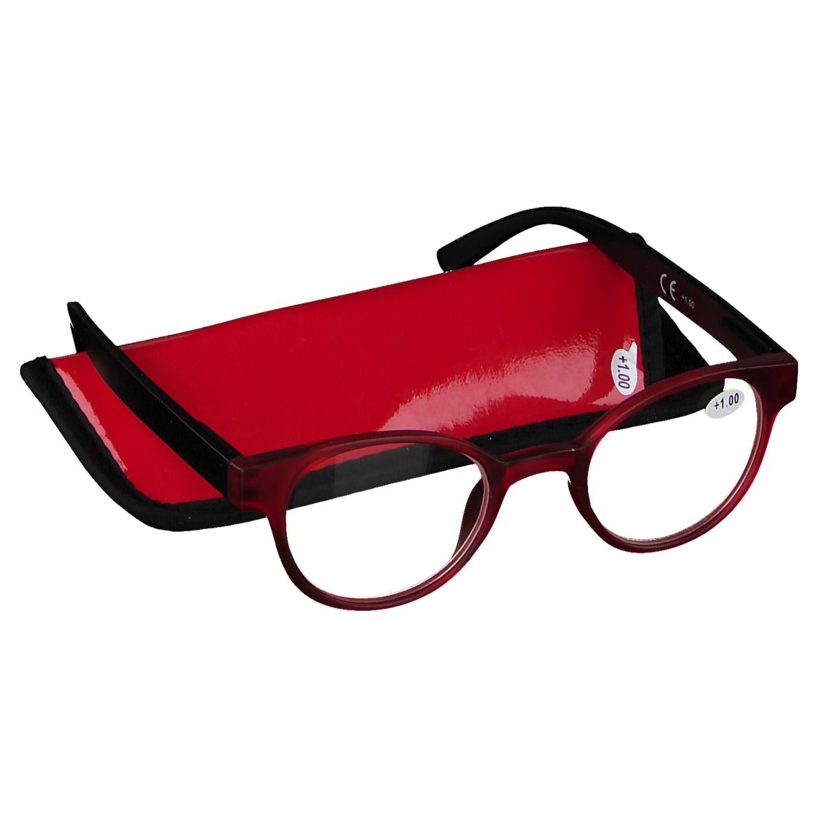 Ronde leesbril, rood en zwart, met rode etui. Op het glas staat +1.00. De bril is gedeeltelijk opgevouwen.