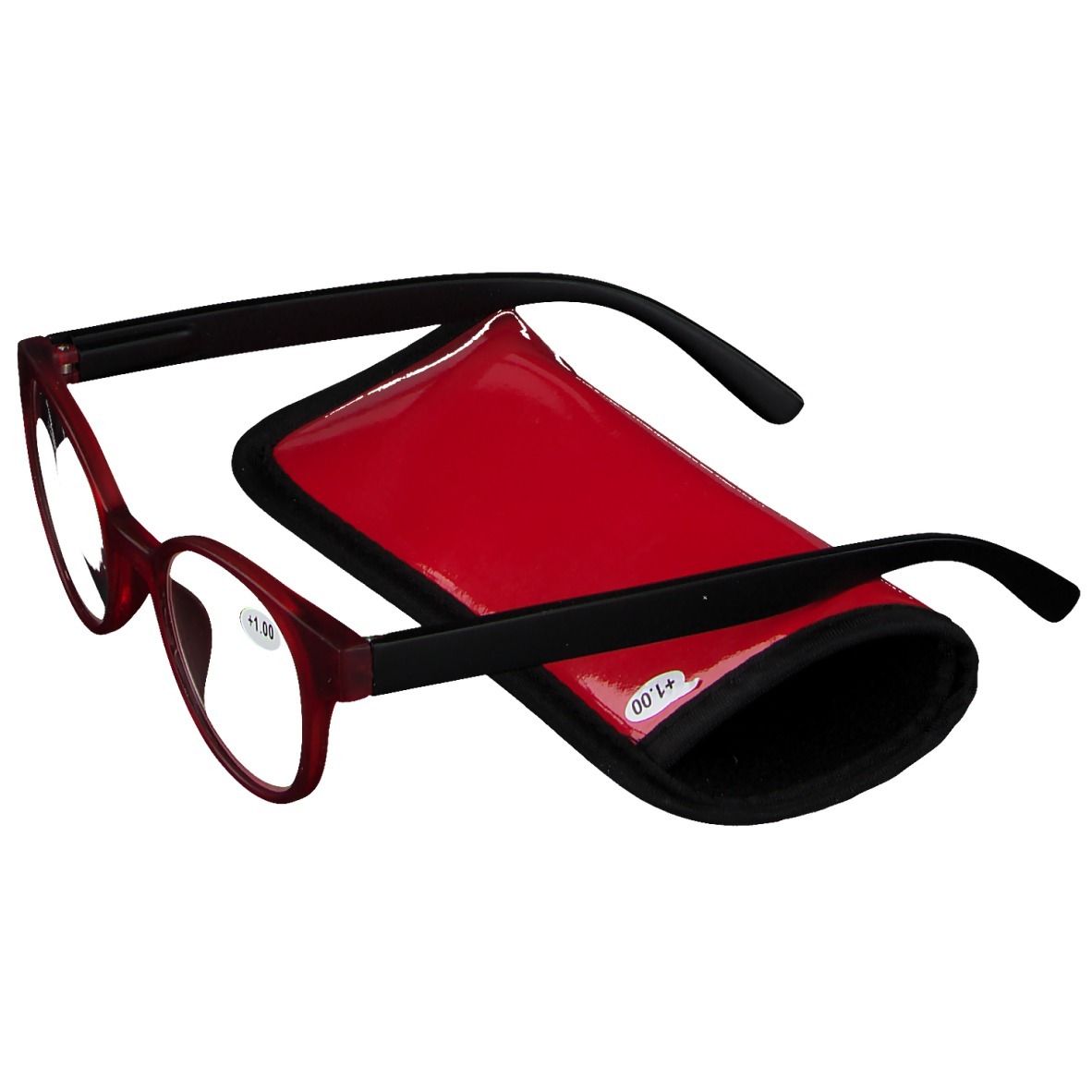 Ronde leesbril, rood en zwart, met rode etui. +1.00 op het glas. De bril is gedeeltelijk opgevouwen.