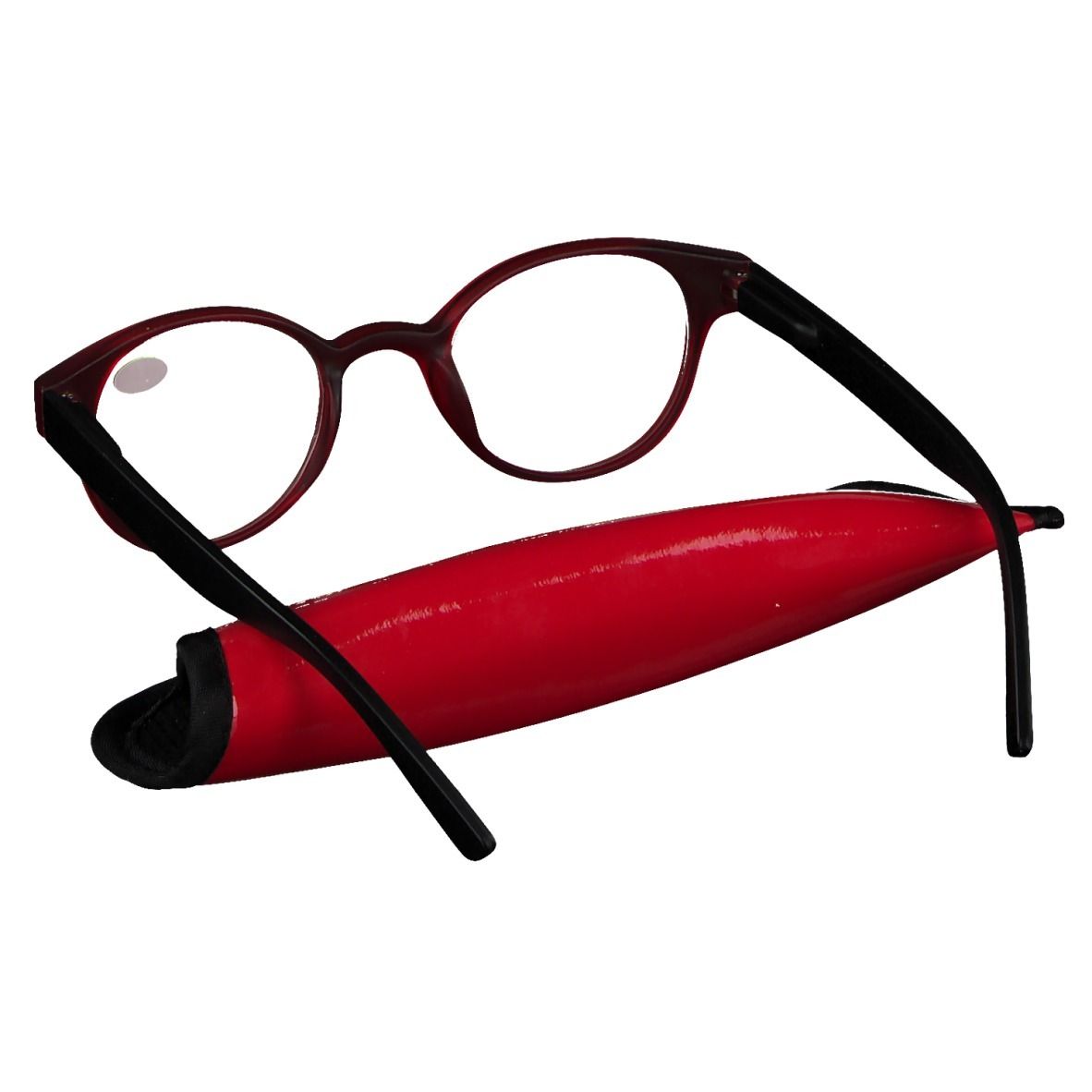 Ronde leesbril, rood en zwart, met rode etui. +1.00 op het glas. De bril is gedeeltelijk opgevouwen.