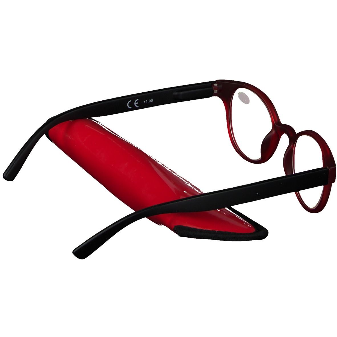 Ronde leesbril, rood en zwart, met rode etui. +1.00 op het glas. De bril is gedeeltelijk opgevouwen.