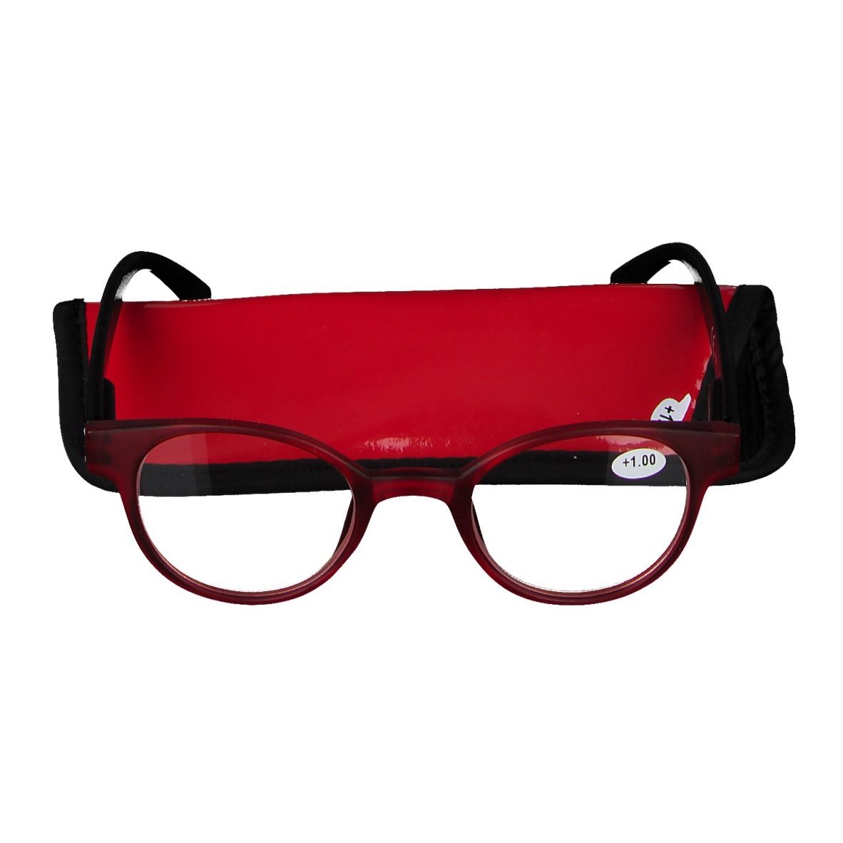 Ronde leesbril, rood en zwart, met rode etui. +1.00 op het glas. De bril is gedeeltelijk opgevouwen.
