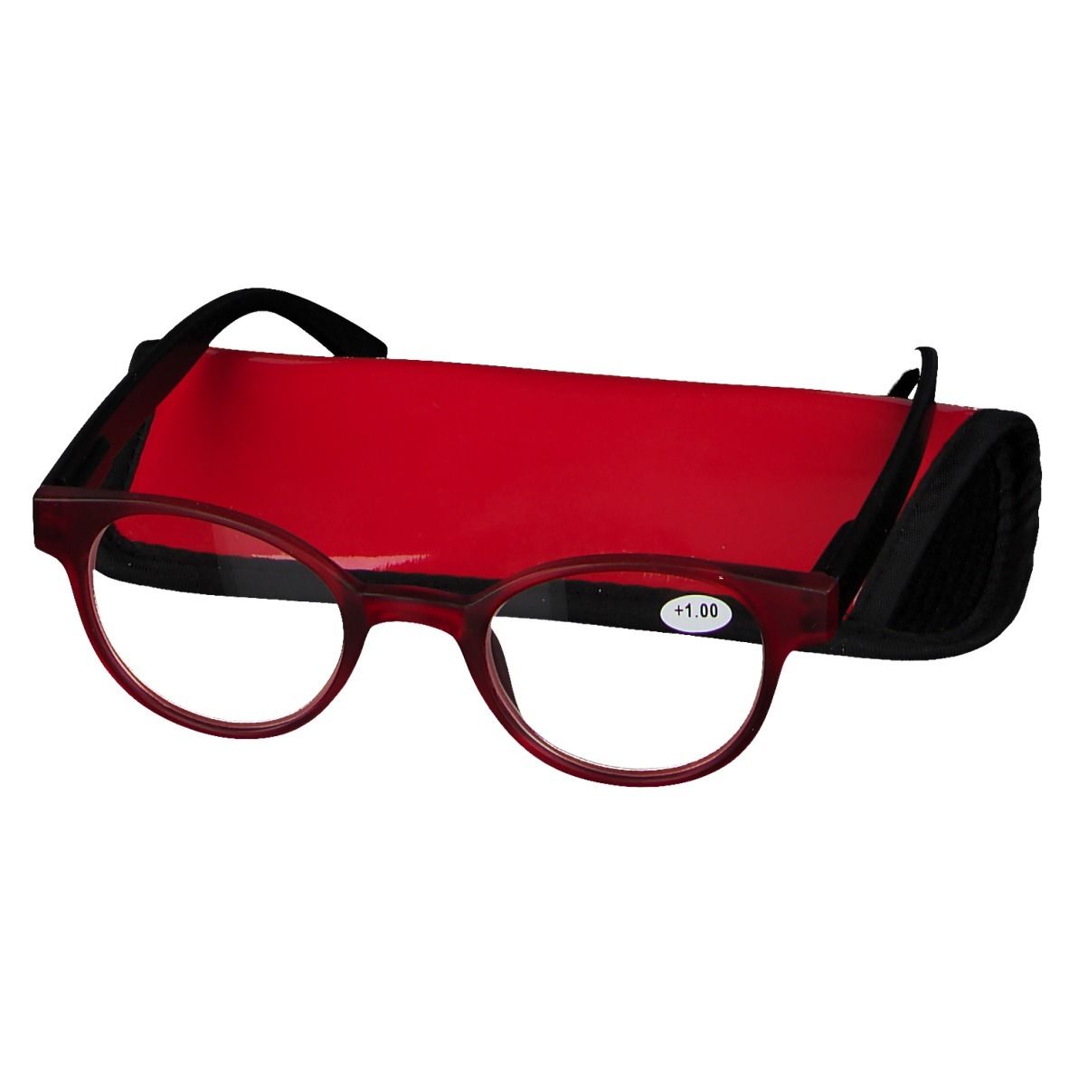 Ronde leesbril, rood en zwart, met rode etui. +1.00 op het glas. De bril is gedeeltelijk opgevouwen.