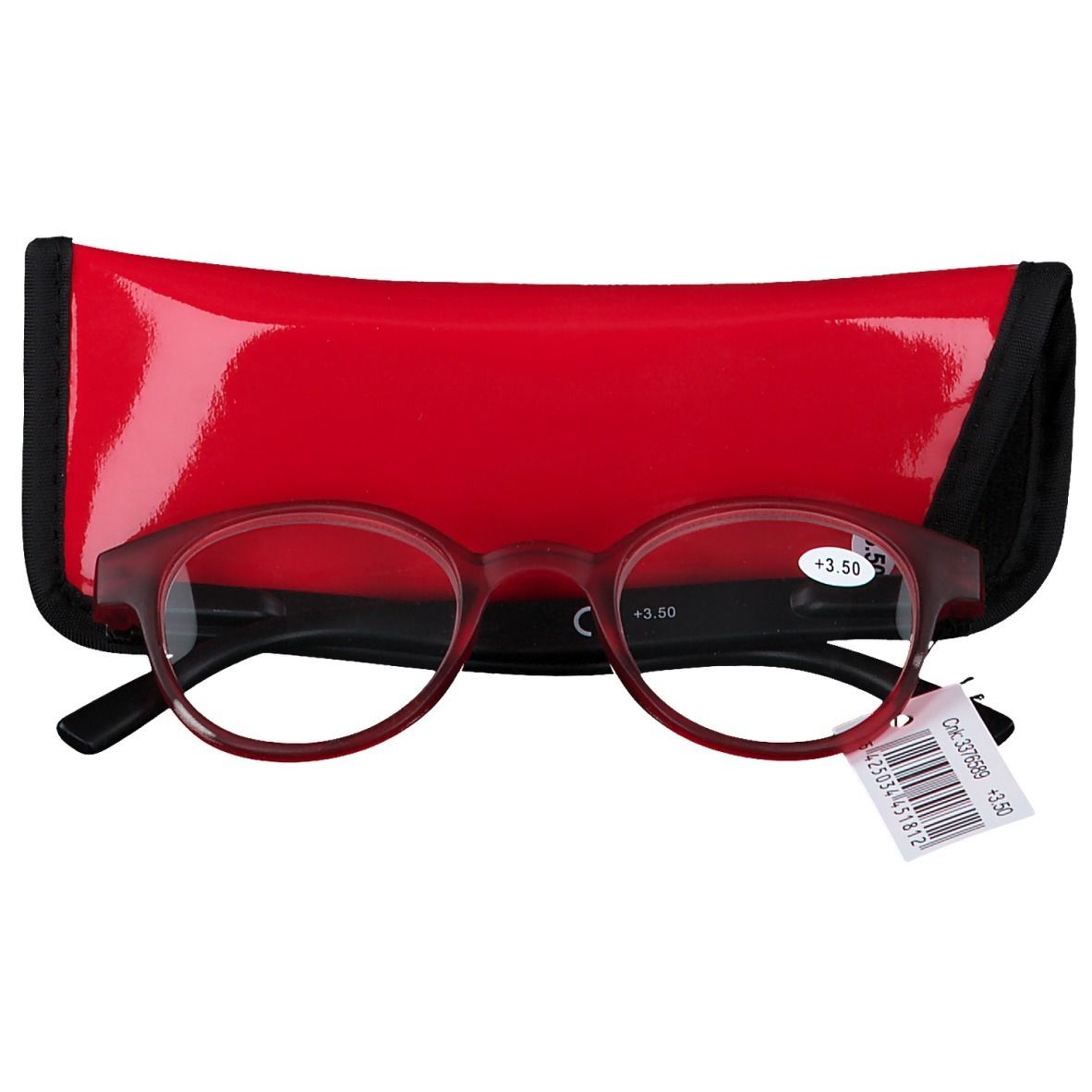 Lunettes de lecture rondes rouges/noires, +3.50, avec étui. Lunettes et étui côte à côte. Étiquette avec code-barres.