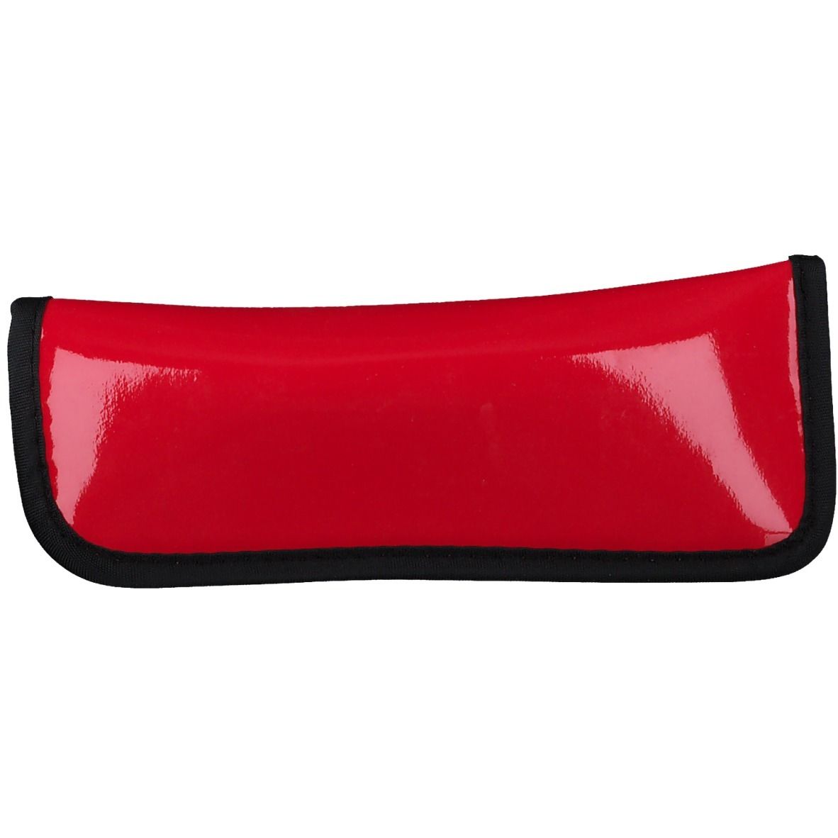 Étui à lunettes rouge brillant avec bord noir. Forme fermée.