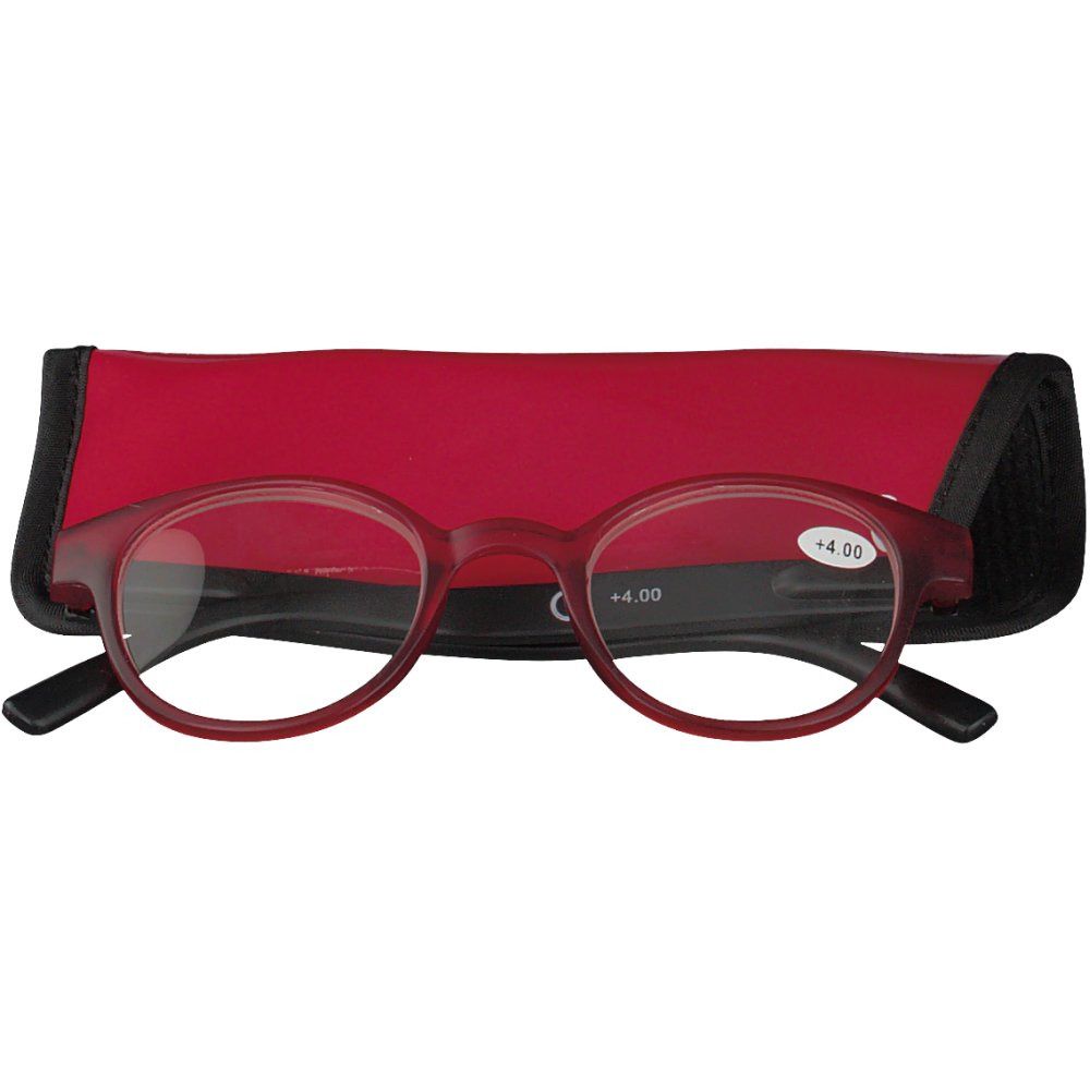 Ronde leesbril, rood/zwart, +4.00, met rode etui. Bril ligt op de etui.