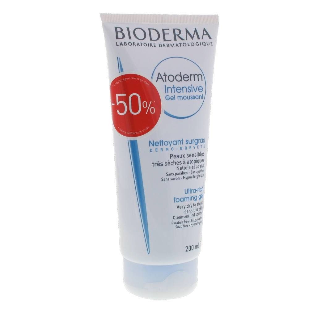 Witte en blauwe tube met BIODERMA, Atoderm Intensive Gel moussant. Rode cirkel met -50%. Inhoud 200 ml.