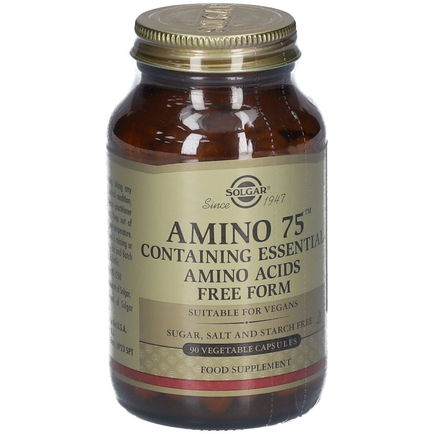 Flacon en verre brun avec couvercle doré. Étiquette "Solgar Amino 75". Contient 90 gélules. Convient aux végétaliens.