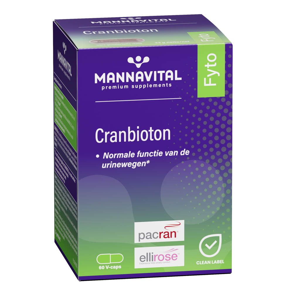 Mannavital Cranbioton-verpakking. Paarse doos met productnaam en logo. Bevat 60 V-Caps. Met Pacran en Ellirose.