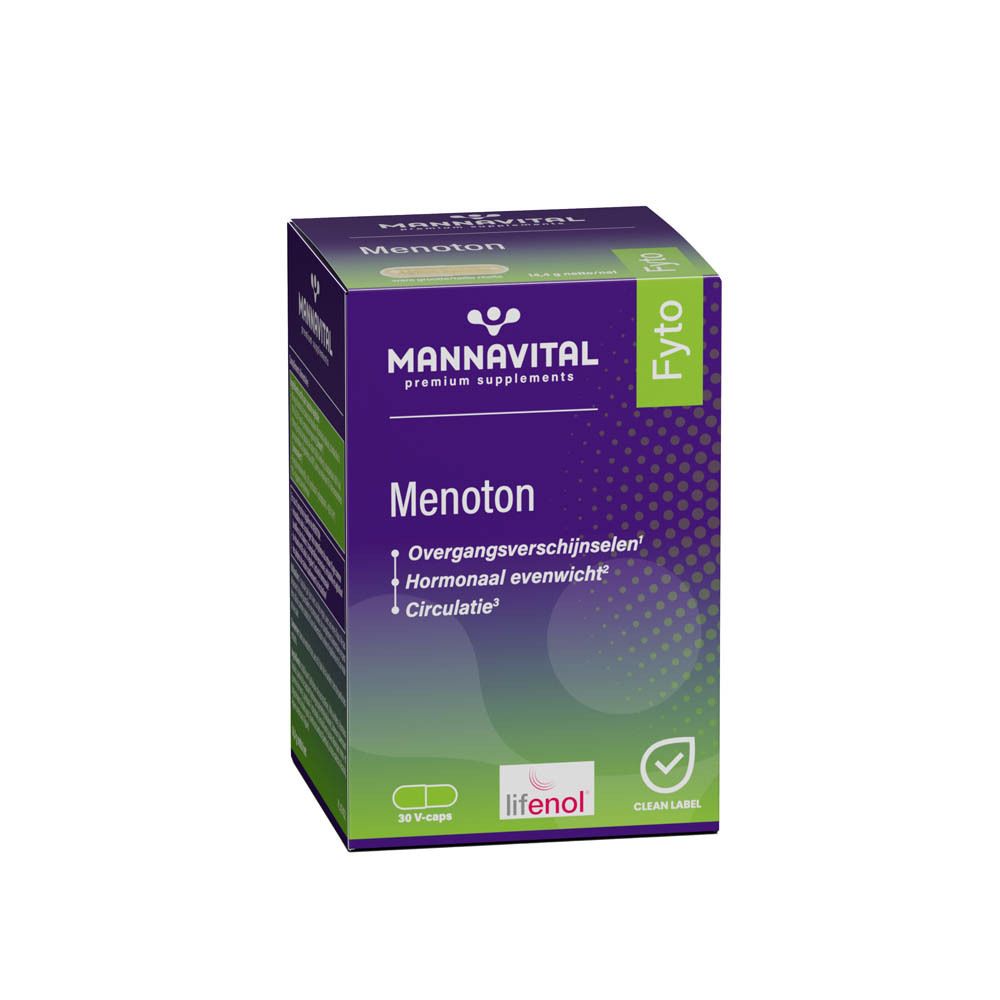 Mannavital Menoton. Doos met capsules. Opschrift: Menoton, overgangsverschijnselen, hormoonbalans, circulatie.