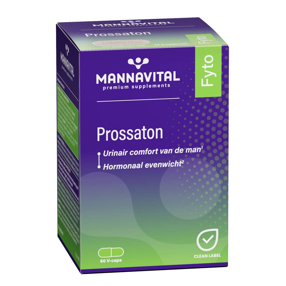 Doos van Mannavital Prossaton. Paarse en groene kleuren. Bevat 60 V-capsules. Logo en productnaam zichtbaar.