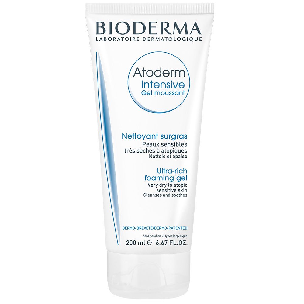 Witte tube BIODERMA Atoderm Intensive. Tekst: Ultra-rich foaming gel, voor een zeer droge, atopische huid. 200 ml.