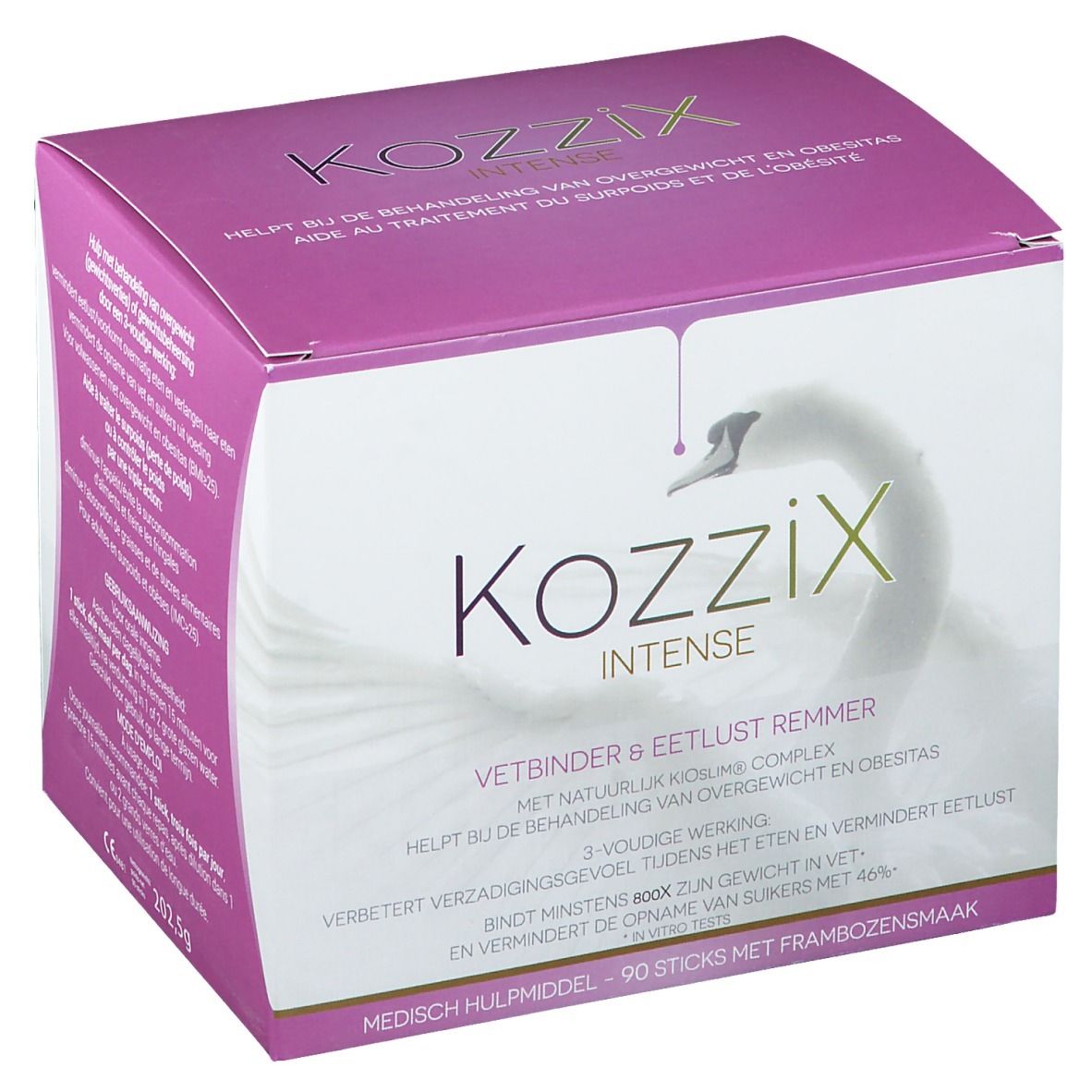 Kartonnen verpakking van Kozzix Intense. Roze en wit ontwerp met productnaam en zwaanlogo. Bevat 90 sticks.