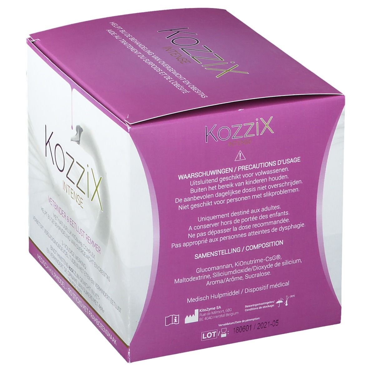 Kartonnen verpakking van Kozzix Intense. Roze en wit ontwerp met productnaam en zwaanlogo. Bevat ingrediënten en waarschuwingen.