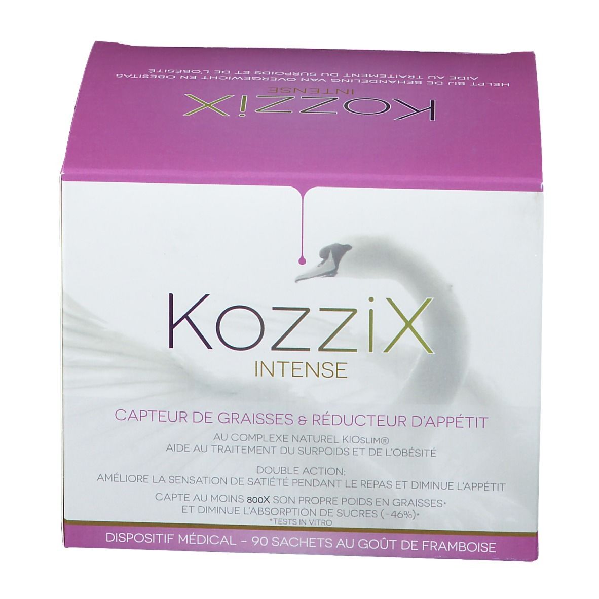 Kartonnen verpakking van Kozzix Intense. Roze en wit ontwerp met productnaam en zwaanlogo. Bevat 90 zakjes.