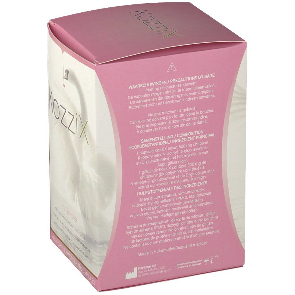 Achterkant van de Kozzix doos. Tekst: Waarschuwingen, ingrediënten, "Medisch hulpmiddel".
