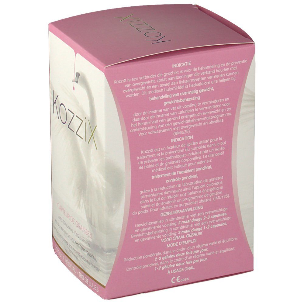 Kozzix doos met tekst: Indicaties, dosering, "Medisch hulpmiddel".