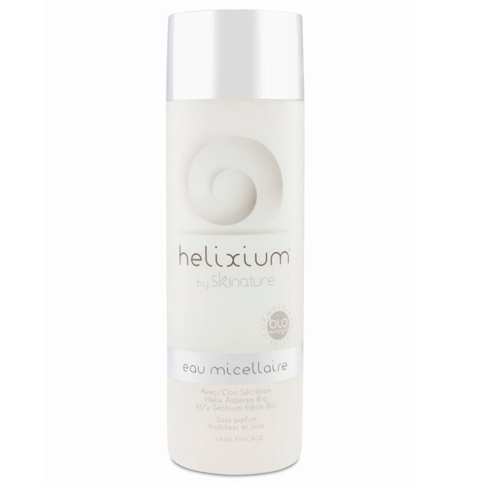 Wit flesje helixium® Bio Mizellenwasser. Logo en tekst. Zilveren dop en sluiting. Bio-keurmerk.