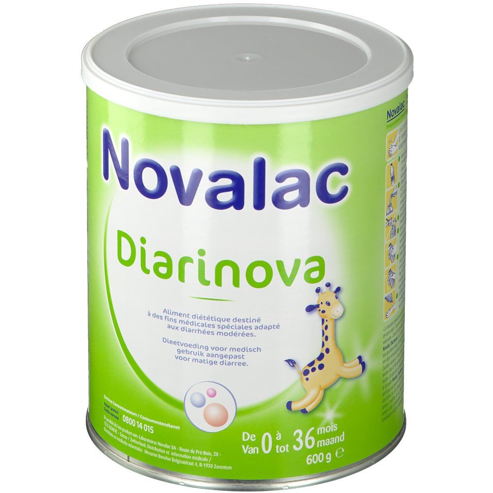 Boîte verte Novalac Diarinova. Inscription et illustration girafe. Pour 0-36 mois. 600g.