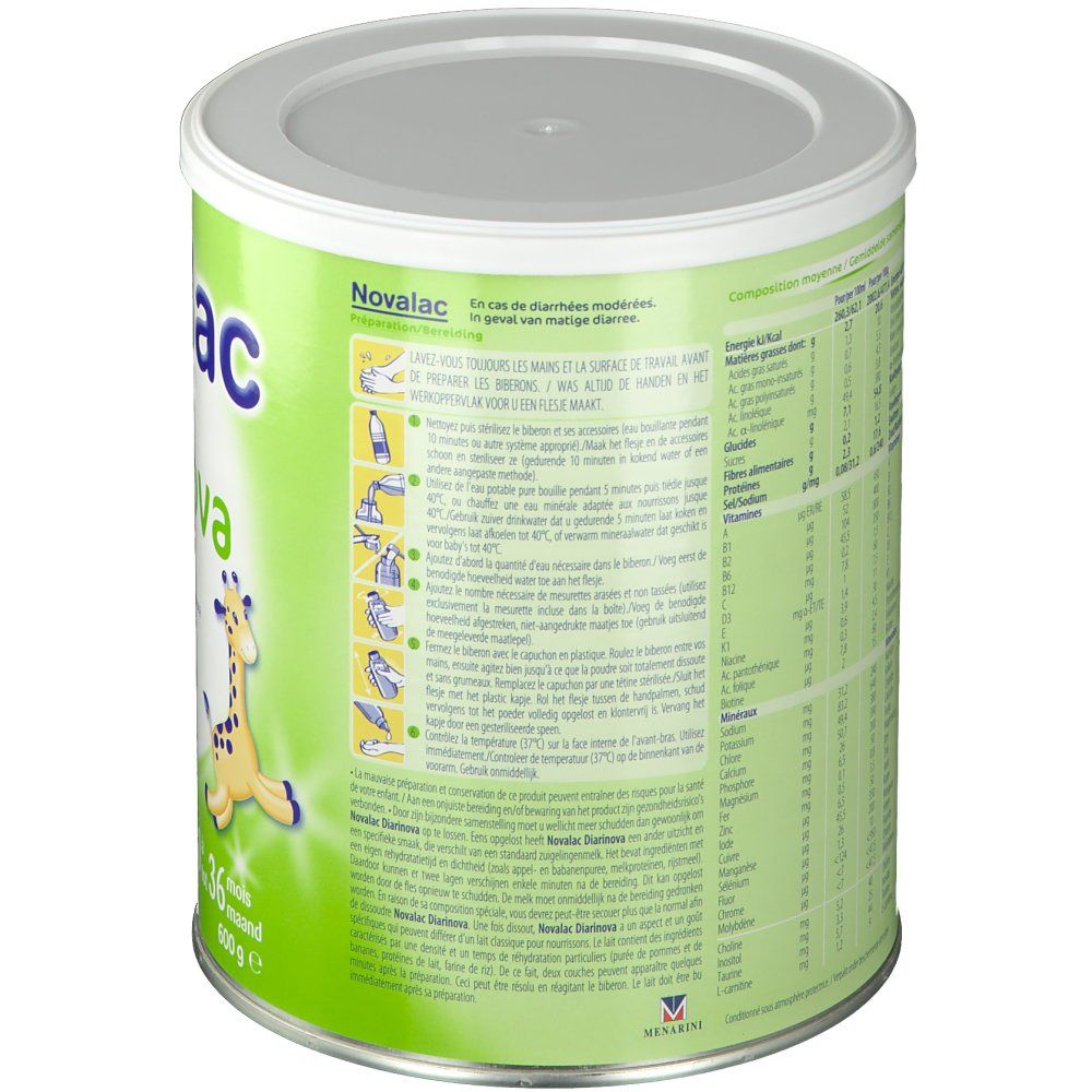 Dos de la boîte Novalac Diarinova. Contient informations et instructions. Vert et blanc.