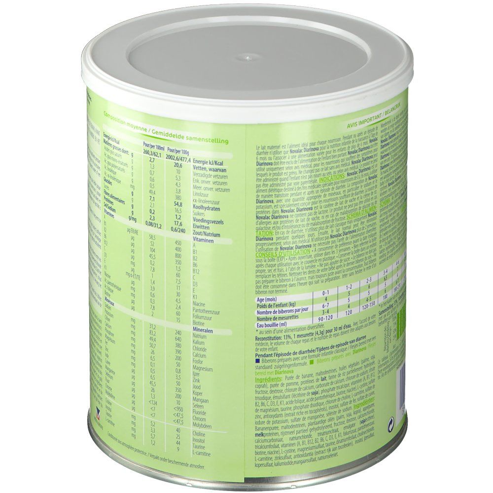 Dos de la boîte Novalac Diarinova. Informations nutritionnelles et autres. Vert et blanc.