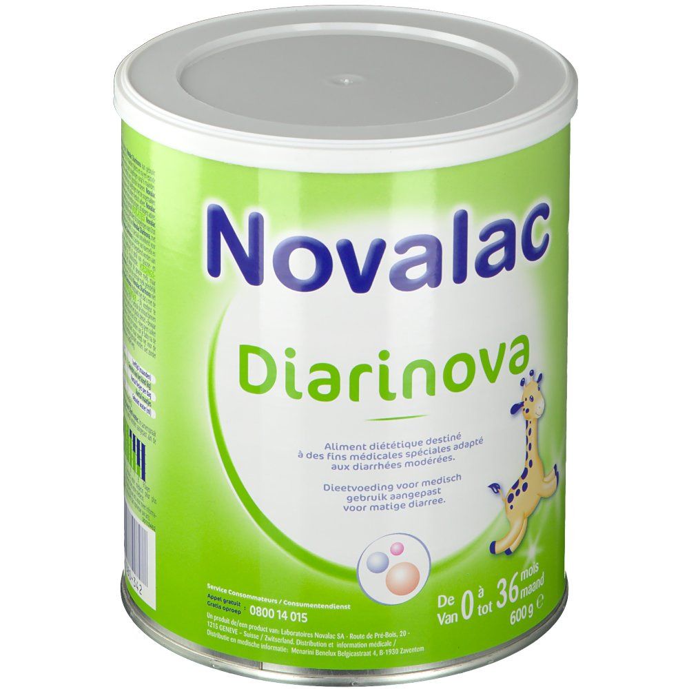 Boîte verte Novalac Diarinova. Inscription et illustration girafe. Pour 0-36 mois. 600g.