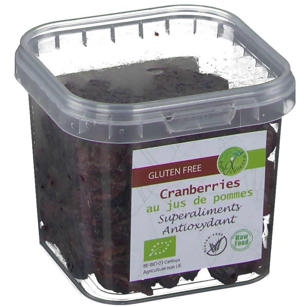 Récipient transparent avec des canneberges. Étiquette avec texte: Cranberries au jus de pommes, Superaliments, Antioxidant. Sans gluten.