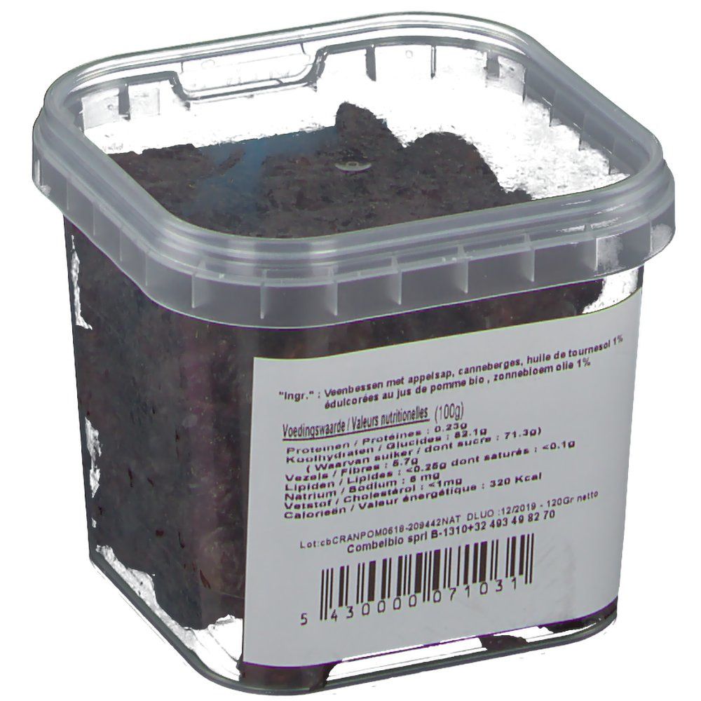 Récipient transparent avec des canneberges. Étiquette avec informations nutritionnelles et ingrédients. Texte: Cranberries au jus de pommes. Label Bio.