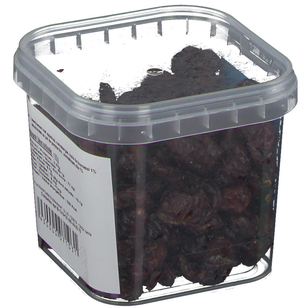 Récipient transparent avec des canneberges. Étiquette avec informations nutritionnelles et ingrédients. Texte: Cranberries au jus de pommes. Label Bio.