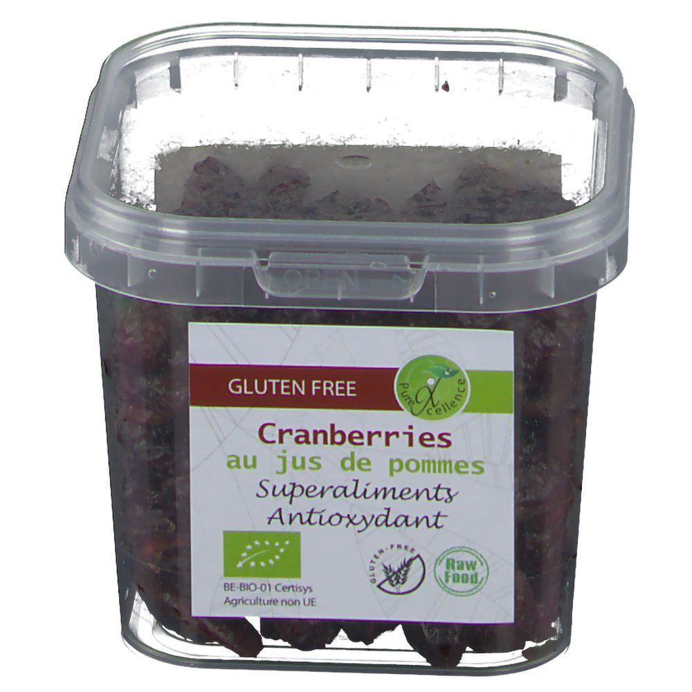 Récipient transparent avec des canneberges. Étiquette avec texte: Cranberries au jus de pommes, Superaliments, Antioxidant. Sans gluten. Label Bio.