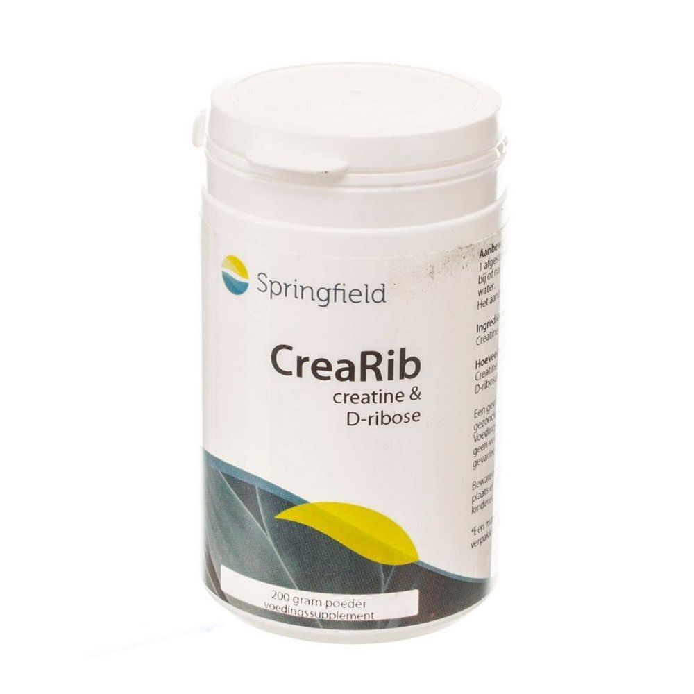 Witte pot met deksel. Opschrift: Springfield CreaRib, creatine & D-ribose. 200 g poeder.