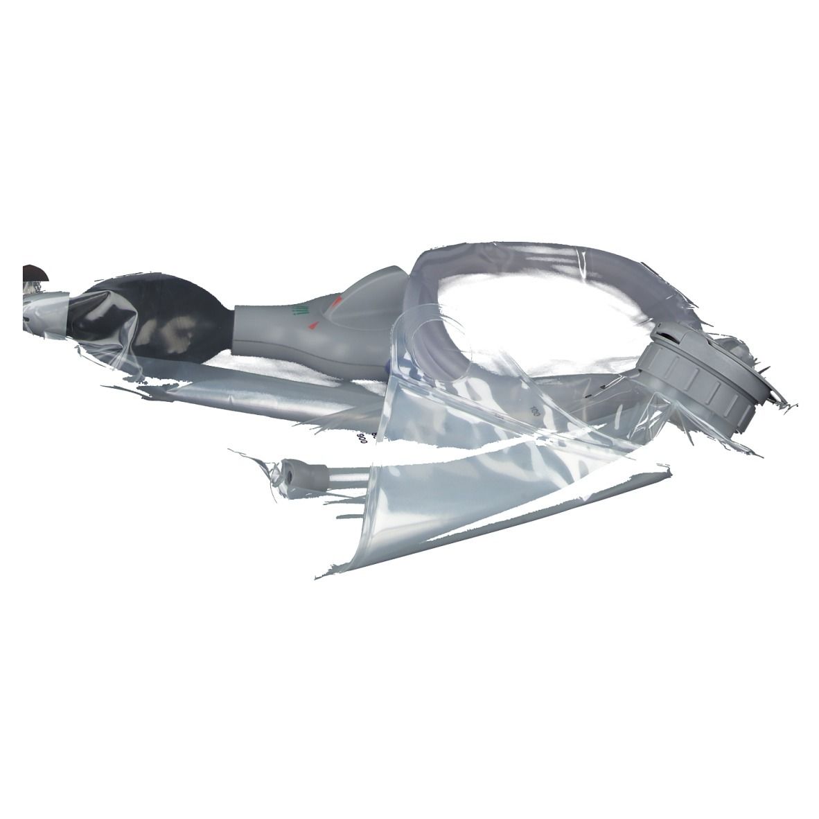 Grijze en transparante componenten van een medisch hulpmiddel, verpakt in plastic. Bevat een zwarte ballon.