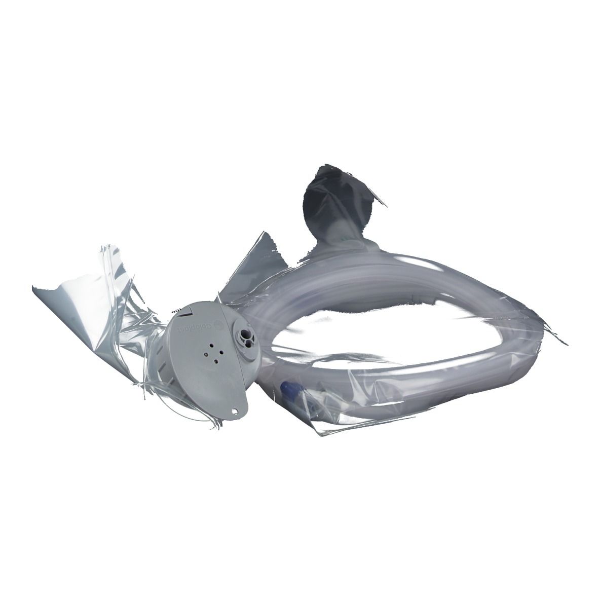 Grijze componenten van een medisch hulpmiddel, transparant verpakt. Bevat een slang en een grijze applicator.