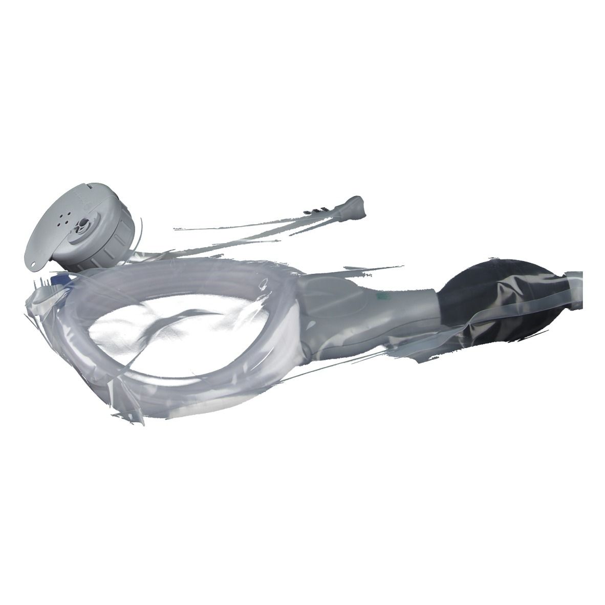 Grijze componenten van een medisch hulpmiddel, transparant verpakt. Bevat een slang, een applicator en een ballon.