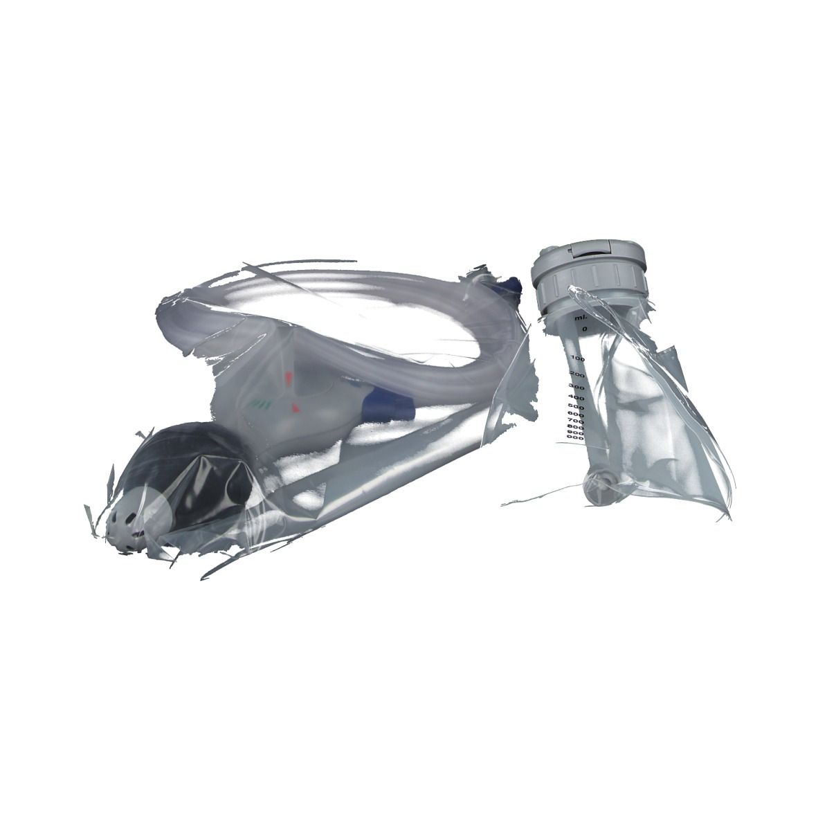 Grijze componenten van een medisch hulpmiddel, transparant verpakt. Bevat een ballon, een slang en een applicator.