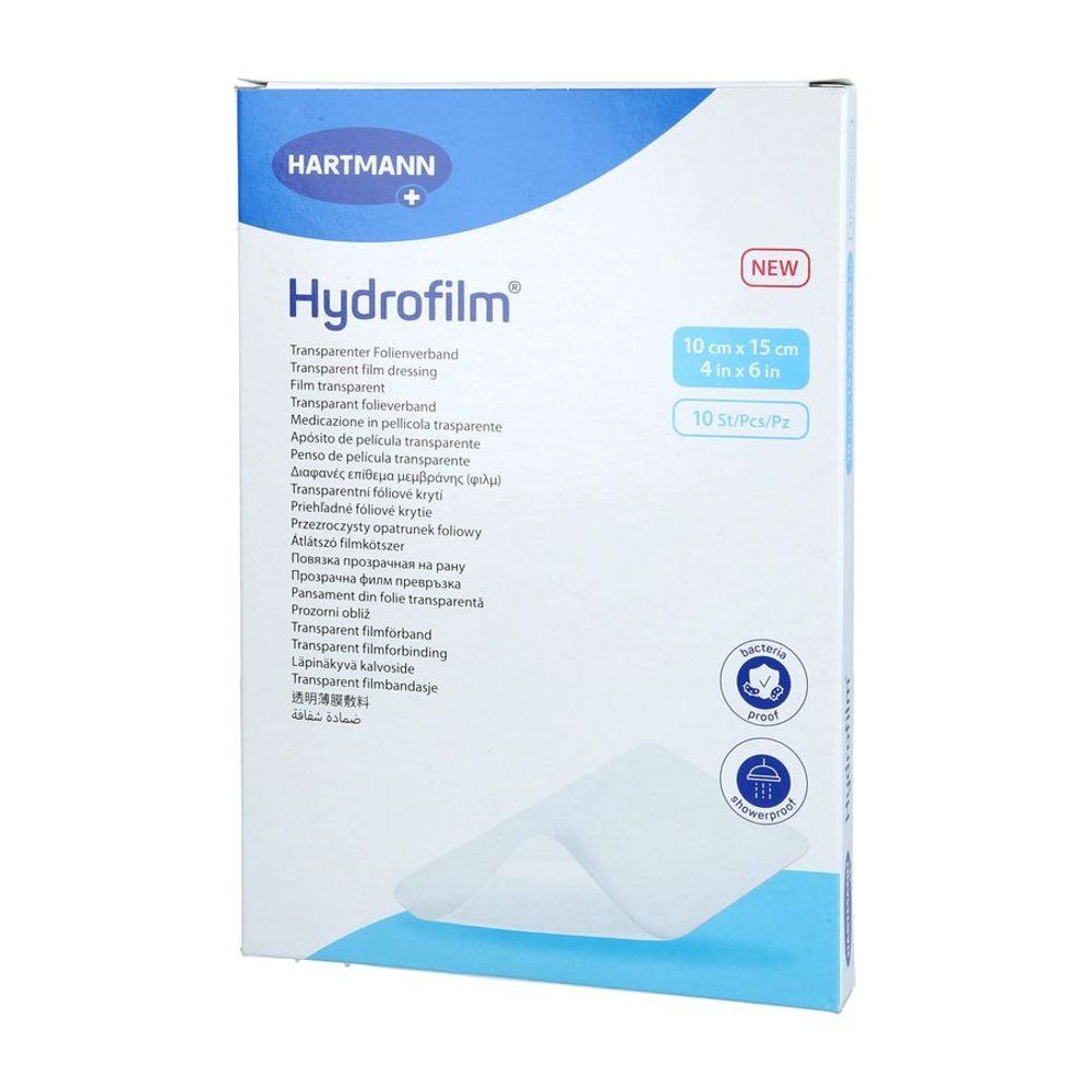 Boîte Hartmann Hydrofilm®. 10 x 15 cm, 10 pièces. Pansements film transparents. Logo et nom du produit visibles.