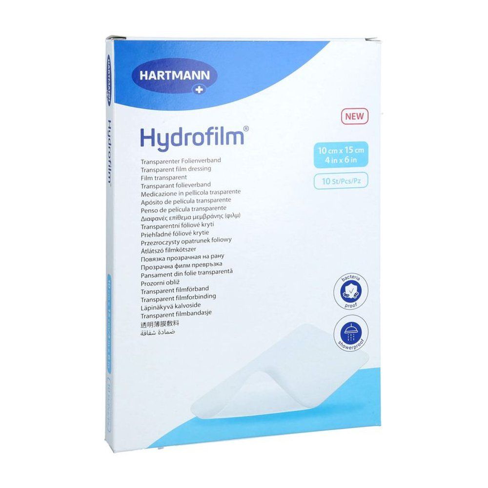 Boîte Hartmann Hydrofilm®. 10 x 15 cm, 10 pièces. Pansements film transparents. Logo et nom du produit visibles.