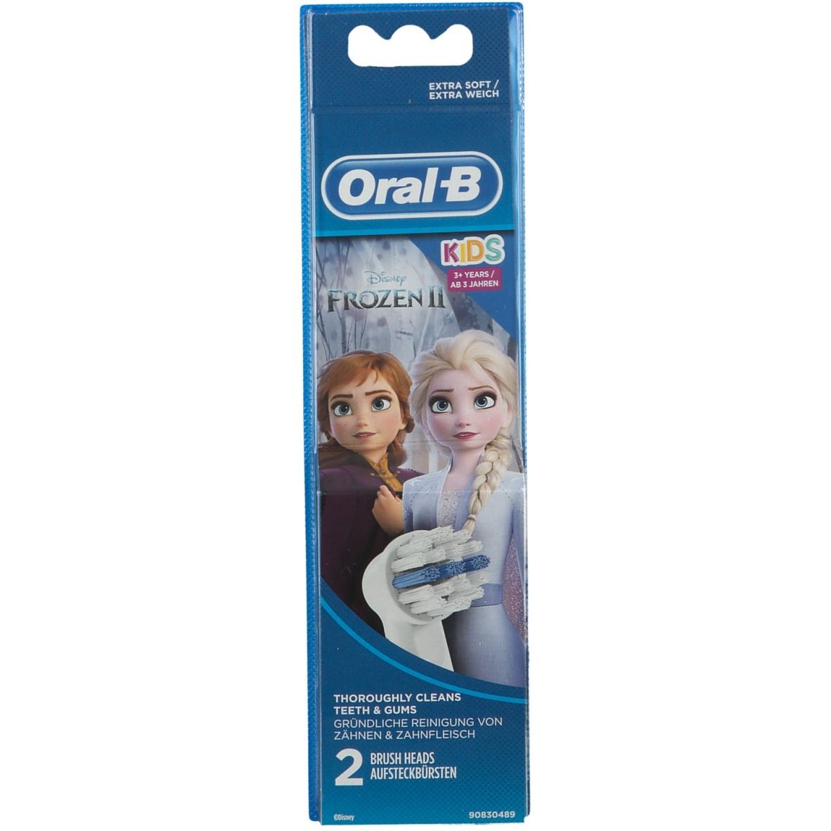 Recharges de brosse à dents pour enfants. Emballage avec deux têtes, logo Oral-B, motif La Reine des Neiges. Extra souple.