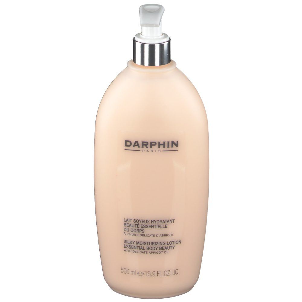 Beige fles met pomp. Opschrift: DARPHIN PARIS, Silky Moisturizing Lotion, 500 ml.