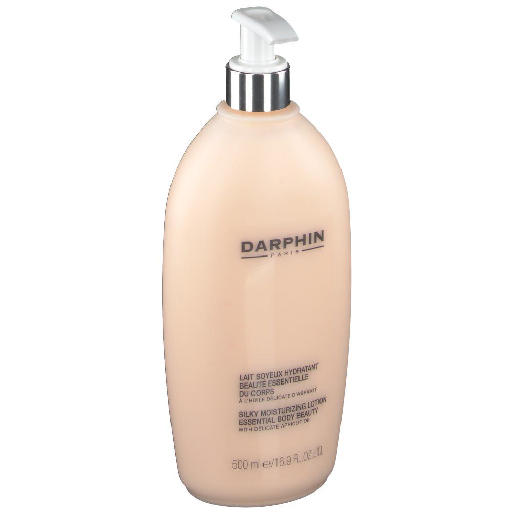 Beige fles met pomp. Opschrift: DARPHIN PARIS, Silky Moisturizing Lotion, 500 ml.