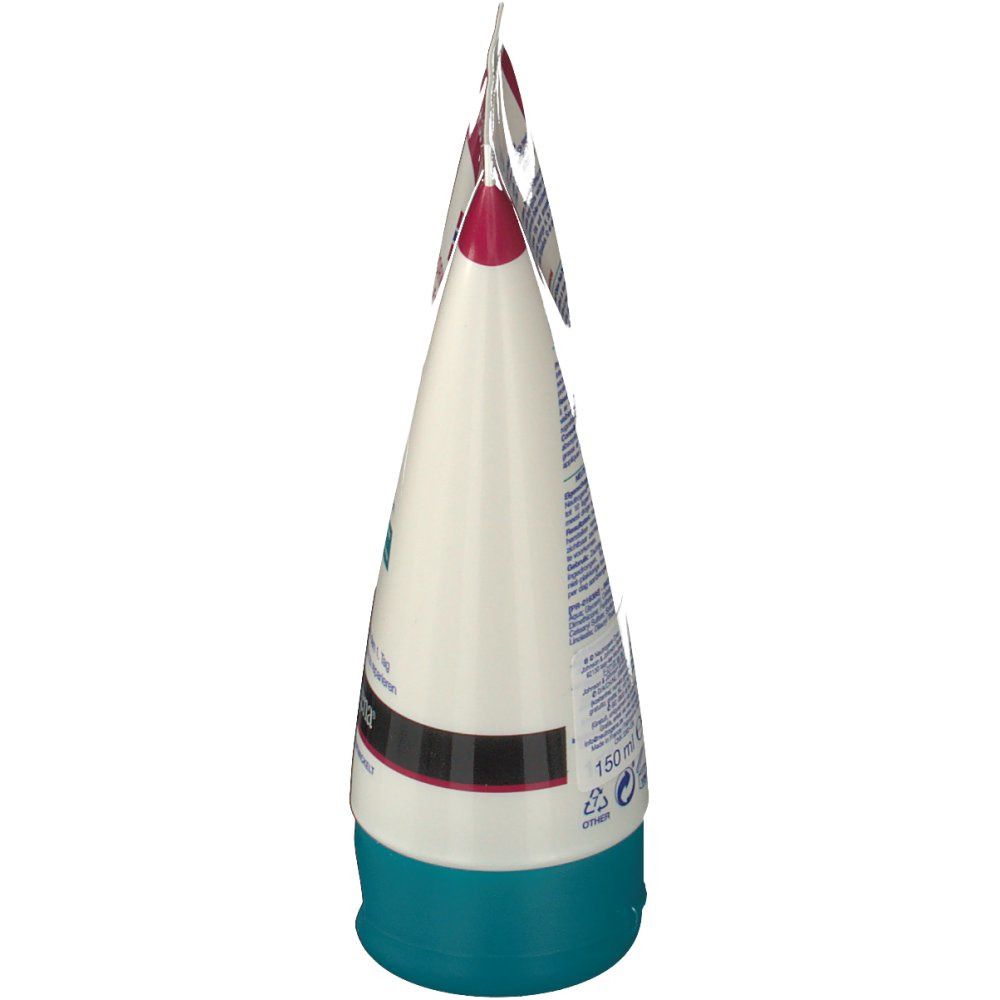 Zijaanzicht van een tube. Wit, met rood en blauw design. Opschrift onleesbaar. Turkooiskleurige sluiting.