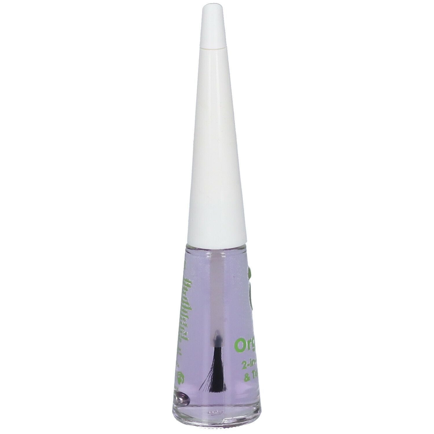 Flacon de vernis à ongles incolore. Bouchon blanc, impression verte. Inscription : Organic 2-in-1 Base & Top Coat.