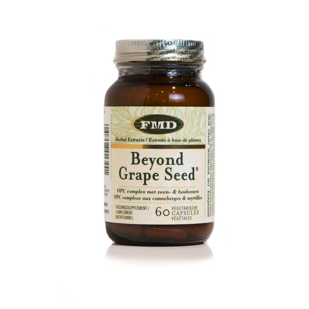 Bruine glazen fles met zilveren dop. Opschrift: Beyond Grape Seed. 60 capsules. Vegetarisch.