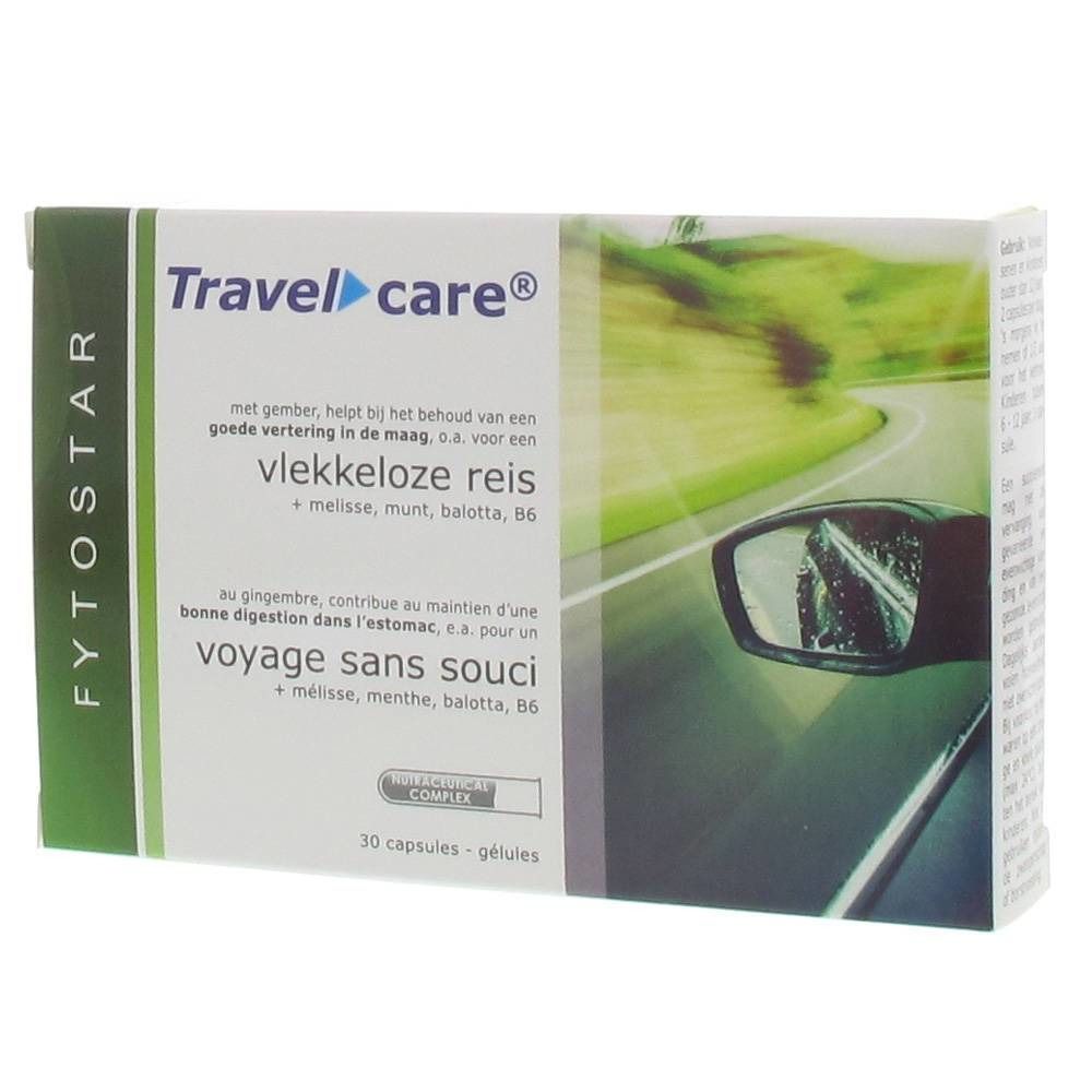 Verpakking van Travel care®. Tekst in het Nederlands en Frans. Bevat 30 capsules. Merk FYTOSTAR.