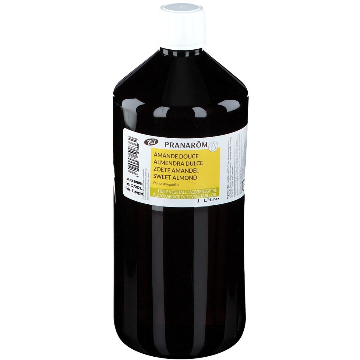 Bruine fles met witte dop. Etiket met productnaam en ingrediënten. 1 liter.