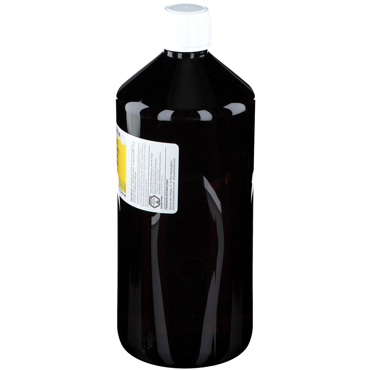 Bruine fles met witte dop. Etiket met productinformatie. Fles staat rechtop.