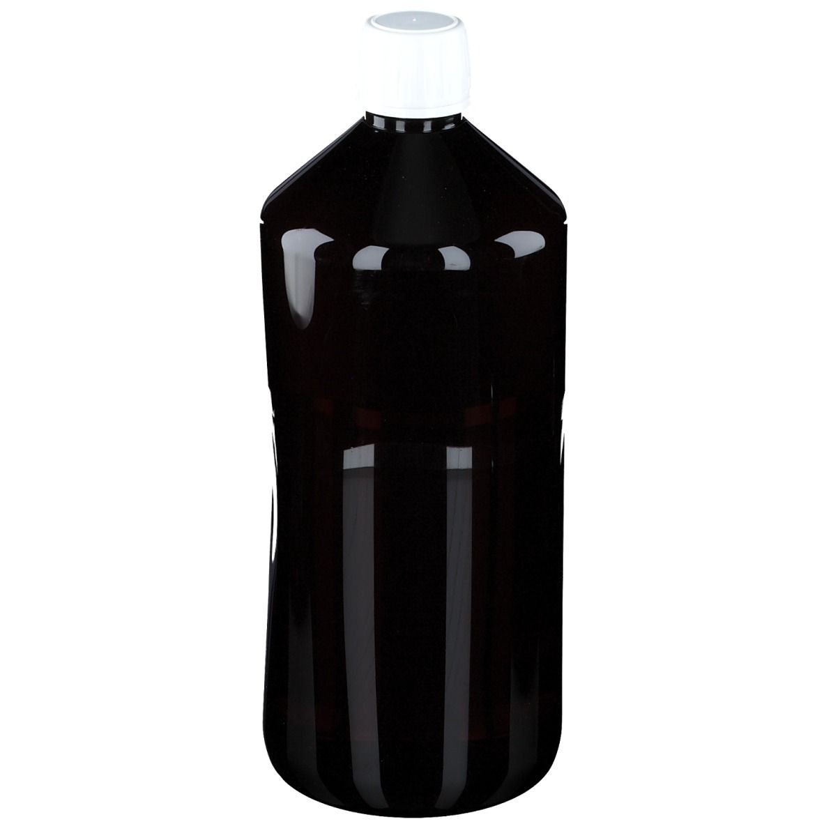 Bruine fles met witte dop. Fles staat rechtop. Geen etiketten zichtbaar.