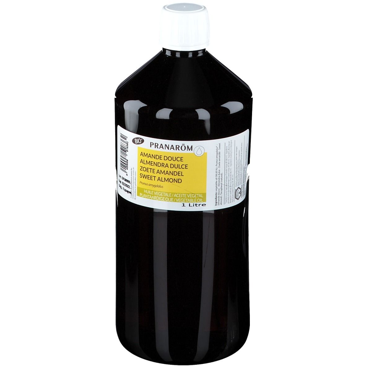 Bruine fles met witte dop. Etiket met productnaam en ingrediënten. 1 liter.