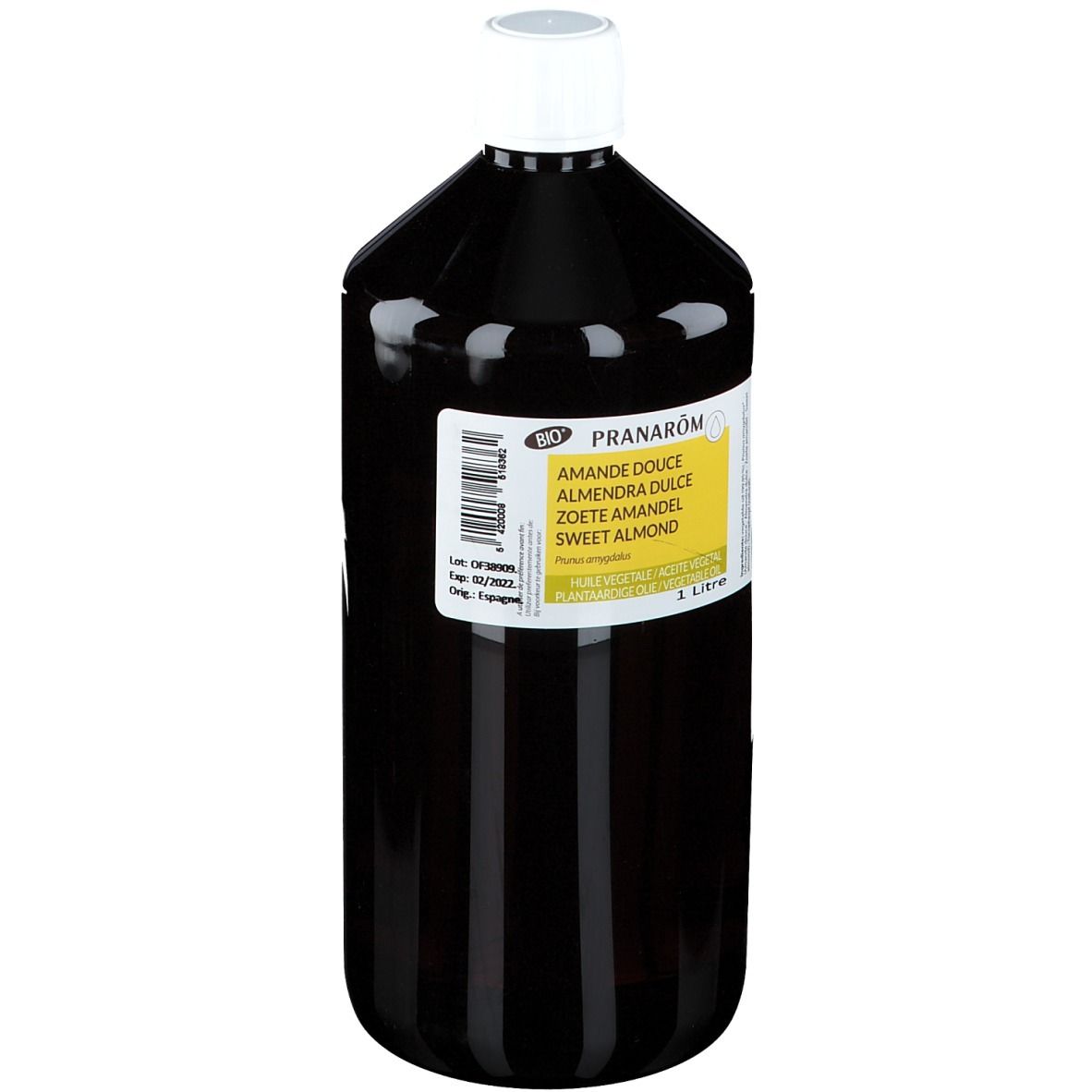 Bruine fles met witte dop. Etiket met productnaam en ingrediënten. 1 liter.