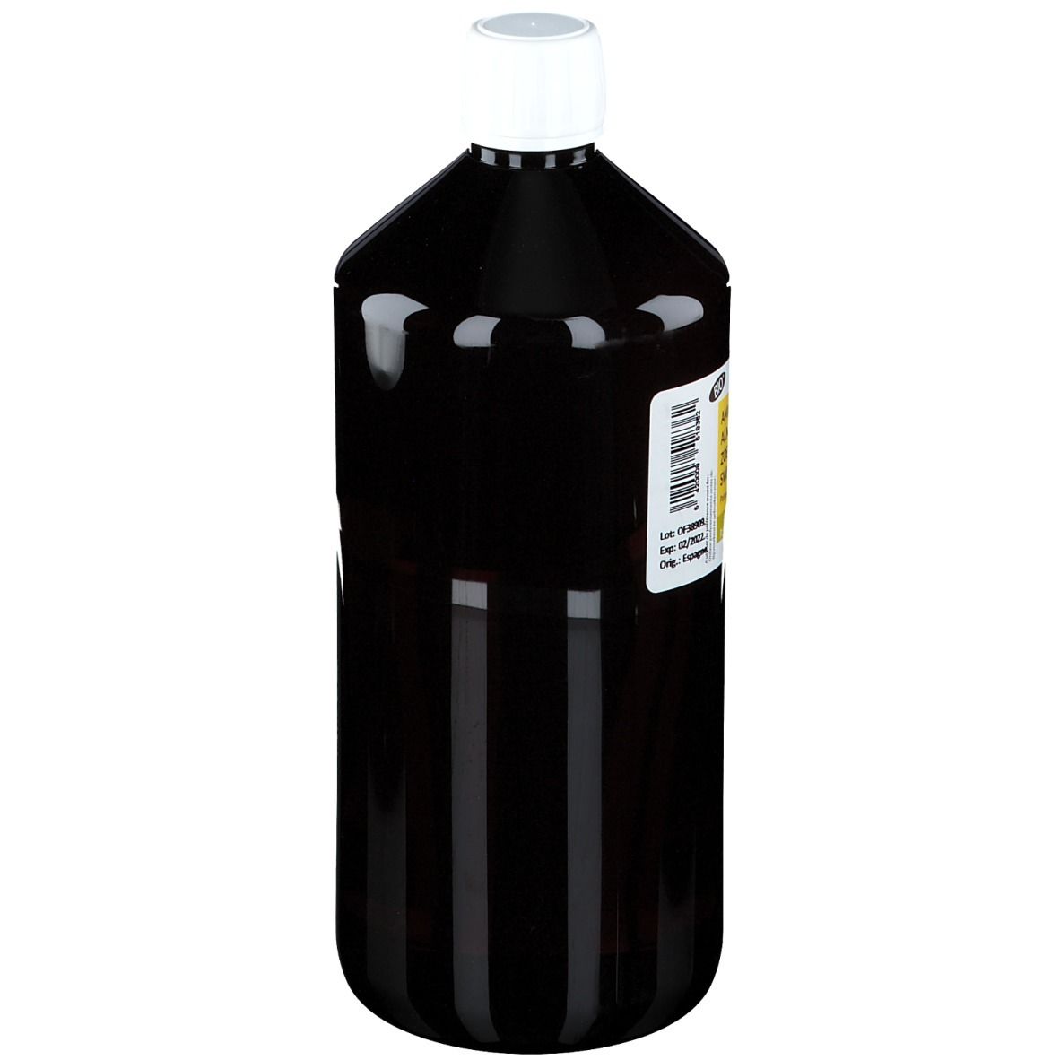 Bruine fles met witte dop. Etiket met productinformatie. Fles staat rechtop.