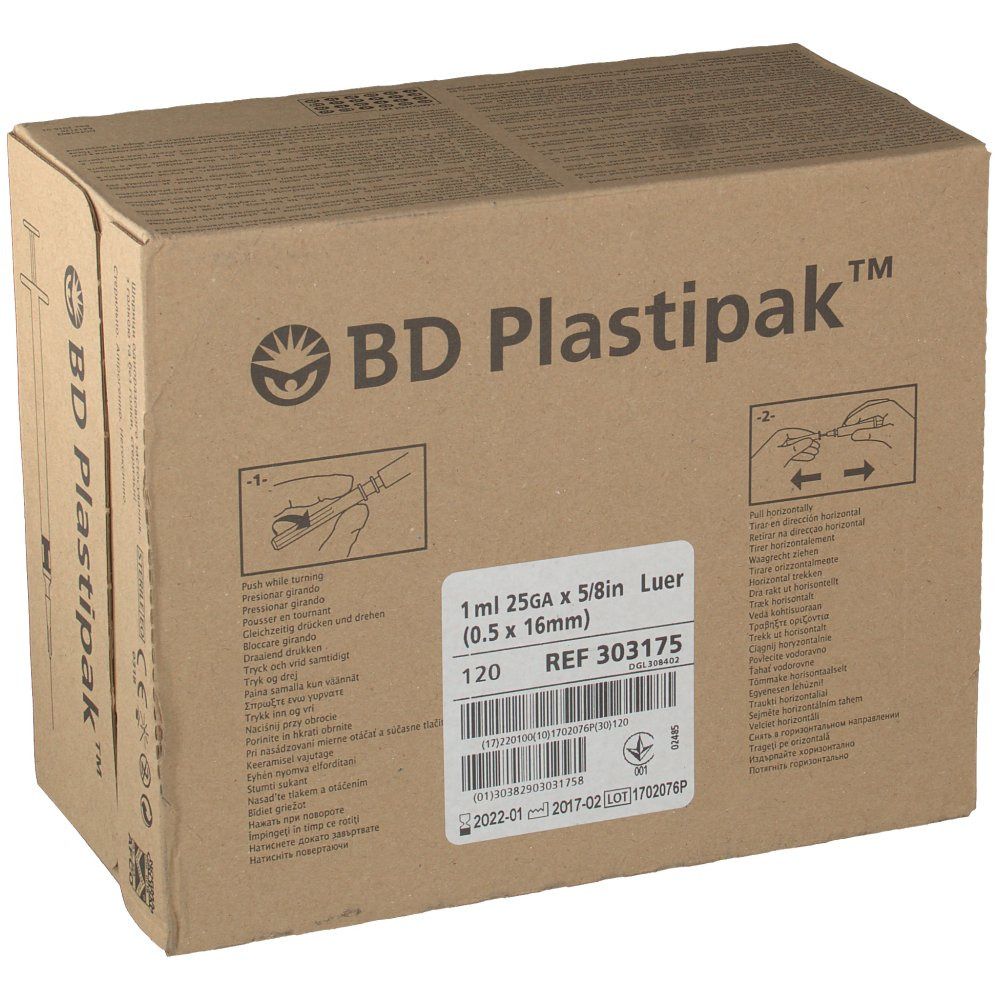 Doos van BD Plastipak™. Bevat 120 spuiten. Opschrift: 1 ml 25GA x 5/8in Luer (0.5 x 16mm). Referentie 303175.